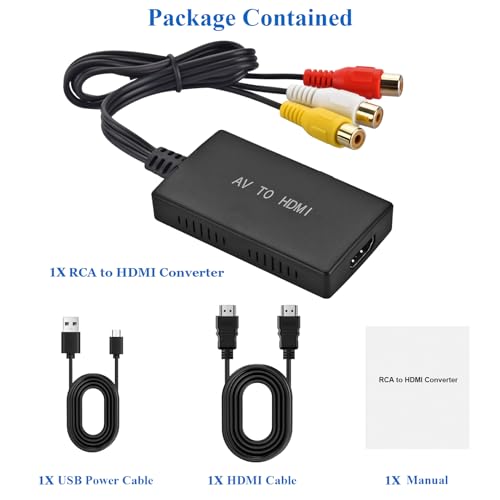 RCA to HDMI Converter,AV to HDMI Adapter,RCA to HDMI Composite Audio Video Converter Compatible with PS1, PS2, PS3, STB, Xbox, VHS, VCR,Black-Ray DVD Players