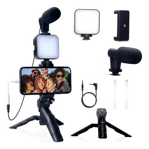 Smartphone Vlog Creator Kit: Mini LED Light with Adjustable Brightness, Cardioid Microphone, Extendable Phone Clip & Tripod for Live Streaming, Video Shooting & Conferences