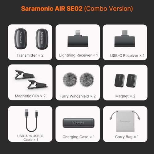 Saramonic Air SE Wireless Lavalier Microphone for for iPhone & Android — Dual Receiver (USB-C + Lightning), AI Noise Cancellation, 48kHz/24bit for YouTube, Podcast, Interview