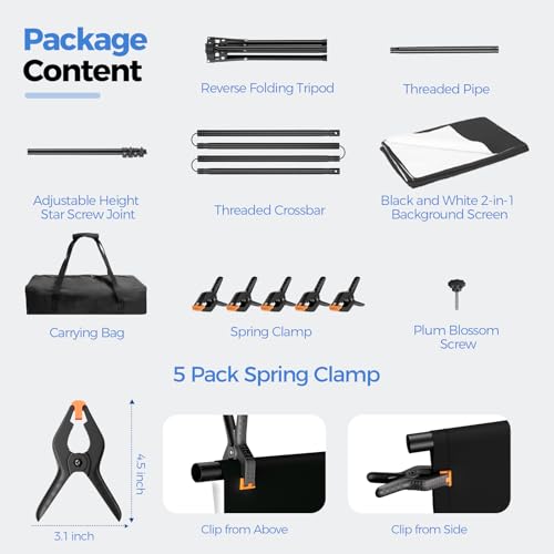 EMART Photo Backdrop with Stand Kit 6.5x5ft, Photography Black and White 2-in-1 Revisible Background Screen with Portable T-Shape Support and 5 Clamps for Video Recording Meeting Self Tape