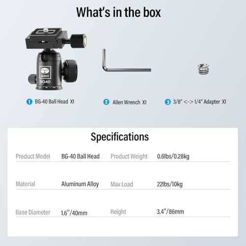 SIRUI Camera Tripod Ball Head, 10KG/22.05lbs Loading Capacity, 360°Panning Base, Aluminum Build Quality, Safety Lock, Universal Mounting Plate for Easy Attachment (BG-40 Ball Head) - color: BG-40