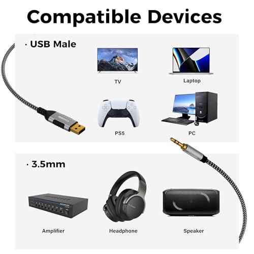 USB to 3.5mm Audio Cable 25 FT, USB A to 1/8’’ TRS Aux Jack Adapter, OFC, Nylon Braided, Gold-Plated Connector, for PC, Laptop, Speaker, PS5/4 Windows, Headphones, Not for Recording and Microphone - size: 25FT