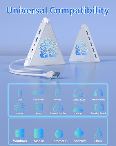 7-Port USB 3.0 Hub, White Vertical USB Hub Splitter with Tree-Shaped RGB Lighting, 5Gbps High-Speed Transfer, 2FT Extension Cable, Compatible with PC, MacBook, Laptop, Flash Drive, Printer - color: 1-Tree White