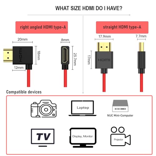 Flexible Coiled HDMI Cable, 8K60 4K120 for Atomos Ninja V Shinobi Ultra Monitor, Canon R5mk2 Nikon z6iii Sony FX2 A7Siii Lumix S1R Fujifilm Blackmagic ZCAM, Right Angle, 50cm - size: Right Angle to Straight