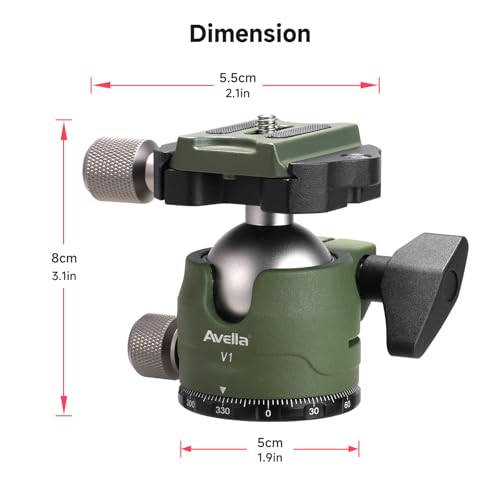 Avella V1 DSLR Camera Tripod Ball Head 38MM, 360 Degree Swivel,U-Shaped Groove Design, for Canon Nikon Sony Olympus Panasonic DSLR Camera-Green