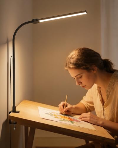 LED Desk Lamp for Home Office, Eye-Caring Architect Task Lamp with Clamp, Adjustable Gooseneck Desk Light, Clamp on Desk Lamps with Dimming, Flexible Craft Study Light for Office, Workbench - color: Black