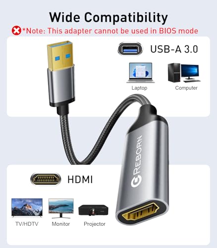 Reborn USB to HDMI Adapter, 1080P@60Hz for Macos Windows 7/8/10/11 | USB 3.0 Male to HDMI Female Audio & Video Converter Suitable for Laptop Desktop Monitor - Driver installation is required
