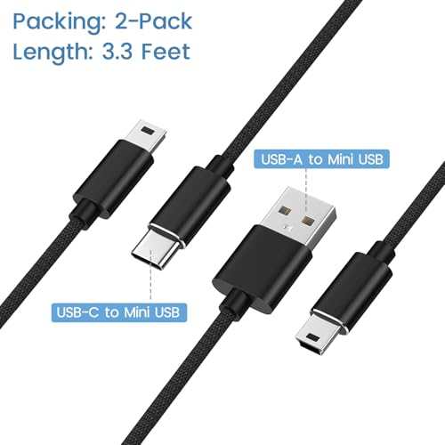 2-Pack Camera Mini USB Cable Data Transfer Cord for Canon EOS Rebel T5i T6 T6i T7, USB and USB C to Mini USB Cable Compatible with Select Powershot and Vixia DSLR Camcorders, 3.3ft