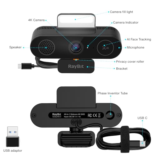 5-in-1 Design 4K Webcam with Speaker and Microphone, Built-in Light, Privacy Cover, AI Auto-Framing Cam, Computer USB C Web Camera for PC, Desktop, Laptop, Mac, Streaming, Video Conference