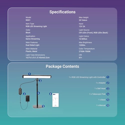 NEEWER Dual Sided RGB LED Streaming Key Light, Smart Desk Lamp Compatible with Alexa Google Assistant for Gaming Video Conference, 16 Million Colors, 2700K-7000K/CRI97+ Studio Tube Lighting, NG01