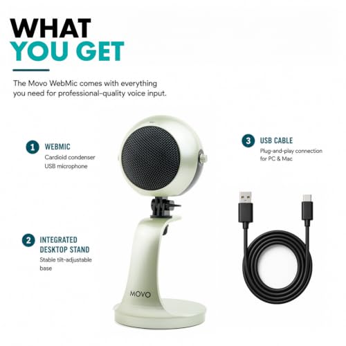 Movo WebMic USB Dictation Microphone in Silver – Cardioid for Vibe Coding | Cardioid Pickup Rejects Background Noise For Accurate Dictation. Gain Knob, Headphone Out, Mute. Desktop Stand, No Drivers. - color: Palladian Silver