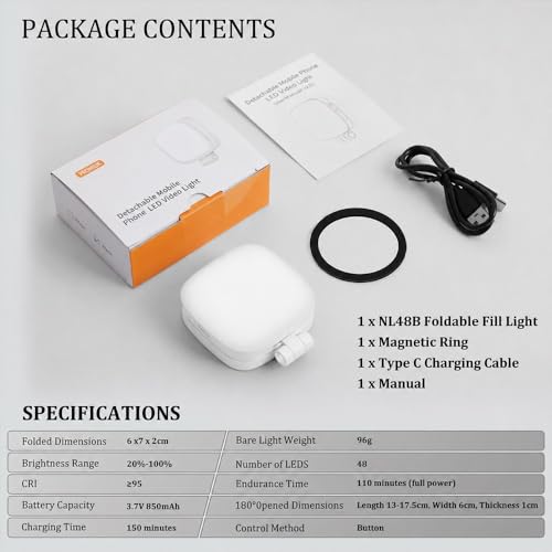 Magnetic Selfie Light Compatible with MagSafe, Foldable LED Phone Light with Mirror, 48 LEDs 5 Color Modes & 5 Brightness Levels, 360° Rotating Fill Light for Selfies, Makeup, TikTok, Zoom - color: White