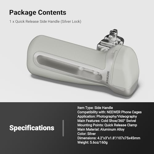 NEEWER Quick Release Side Handle with Anti Off Cold Shoe, 360° Rotation, Nonslip Grip, Compatible with iPhone 17 Pro Max 16 S25 Ultra Phone Cage Accessories, PA148 (Silver) - style: PA148 (Silver)