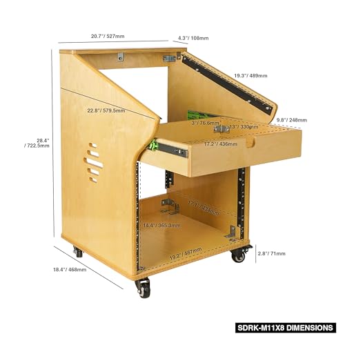 Sound Town DIY Solid Baltic Birch Plywood Recording Studio Rack, Audio Equipment Rack with 11U Slant Mixer Top, 8U Front, 2U Drawer, Rubber Feet, Casters, Golden Oak (SDRK-M11X8) - size: 8U,Golden Oak
