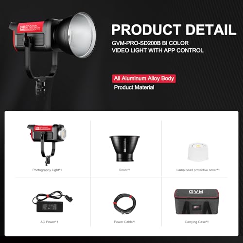 GVM 200W LED Video Light, PRO SD200B Photography Lighting Kit with Bluetooth Mesh Network/DMX Control, 2700K-6800K Studio Light Continuous Lighting Kit for YouTube,Film, 45400lux/1m, 12 Scene Effects - size: SD200B