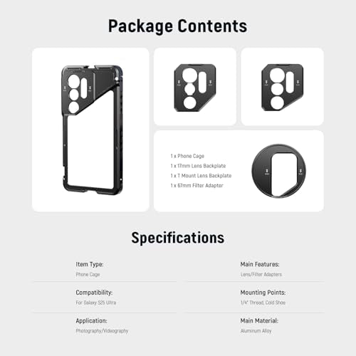 NEEWER S25 Ultra Phone Cage, Mobile Video Rig Phone Stabilizer with 67mm Filter Adapter, 17mm Lens Backplate, T Mount Lens Adapter, Compatible with Samsung Galaxy Moment T Series Lenses, PA082