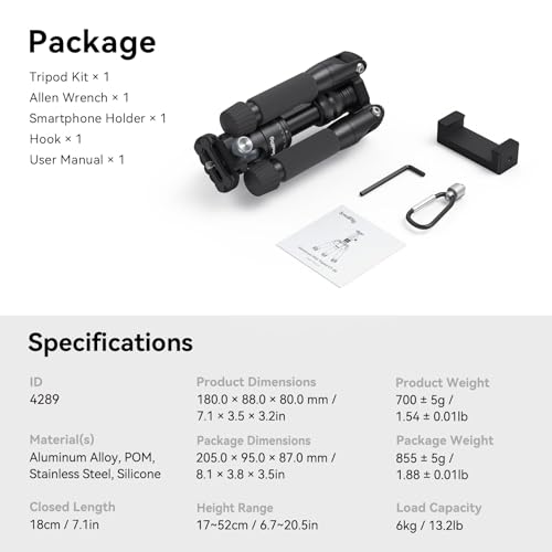 SmallRig VT-20 Aluminum Mini Tripod, 20" Desktop Tripod with 360° Ball Head, Compact Desktop Tripods for DSLR Camera Video Camcorder, Load up to 13lb/6kg - style: VT-20