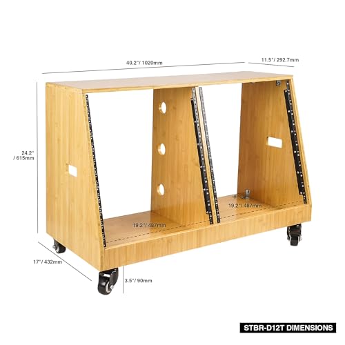 Sound Town DIY 2 x 12U Slanted Studio Rack with Solid Carbonized Bamboo, Casters, for Recording Room, Home Studio (STBR-D12T) - size: 2 x 12U, Carbonized Bamboo