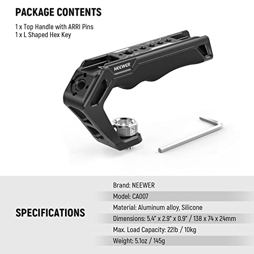 NEEWER Camera Top Handle with 3/8" ARRI Locating Pins, Comfort Silicone Grip with 1/4" 3/8" Threads and 3 Cold Shoes, Compatible with SmallRig Handles Camera Cages Video Rigs, CA007 - style: CA007