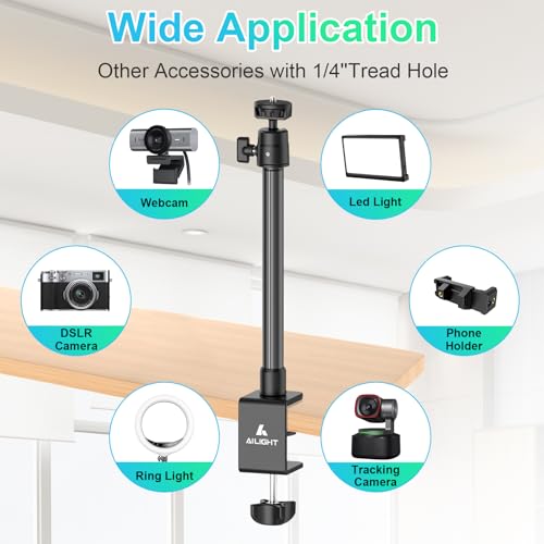 Ailight Camera Desk Mount Webcam Stand, Adjustable Table Camera Stand with 1/4" Screw & C Clamp Overhead Tripod Webcam Mount for Logitech Obsbot insta360 Anker and Others - size: TS6001