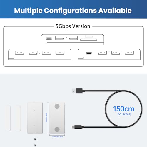 EJAY Magnetic USB C Hub 10Gbps, 4 Port USB 3.2 Gen2 Desktop USB Hub with 47in Long Data Cable, Desk Mount USB C Hub Magnetic to Attach to Desk/PC Case, Powered USB Data Hub for PC, Mac, Silver - color: Silver