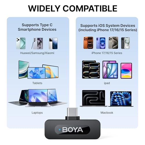 BOYA BY-V10 Wireless Microphones for iPhone 17/16/15 & Android/Laptop with USB-C Port, 328ft Range, 9H Battery Life, Noise Reduction Mini Mic Clip on Lapel Microphone Wireless for Video Recroding - size: 1TX+USB-C RX