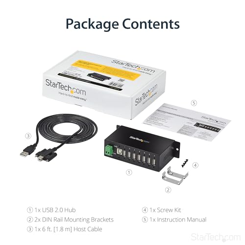 StarTech 7-Port Industrial USB 2.0 Hub, Mountable, TAA (ST7200USBM) | Steel housing, 15kV ESD and 350W surge protection, DIN/wall/desk mountable, 7-24V DC terminal block, USB expander