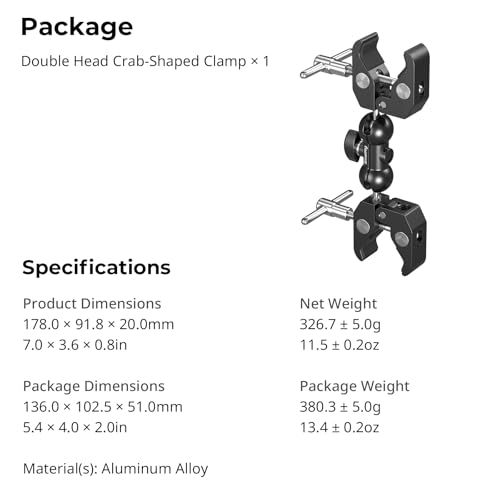 SMALLRIG Adjustable Double Clamp Mount, Dual Head 15-40mm Anti-Slip Clamp, 1.5kg Aluminum Alloy Clamp for Photography Lighting/Tripod/Studio - 5331