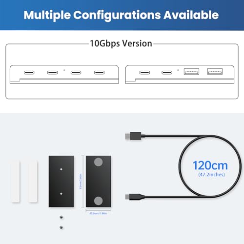 EJAY Magnetic USB C Hub 10Gbps, 4 Port USB 3.2 Gen2 Desktop USB Hub with 47in Long Data Cable, Desk Mount USB C Hub Magnetic to Attach to Desk/PC Case, Powered USB Data Hub for PC, Mac, Black - color: Black