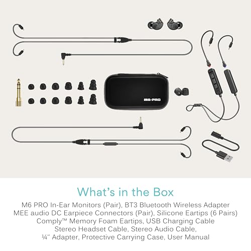 MEE audio M6 PRO Musicians' In-Ear Monitors Wired + Wireless Combo Pack: Includes IEMs, 2 Audio Cables and BT3 Hi-Res Bluetooth Audio Adapter w/aptX, LDAC, Auracast Support, & Built-In Headset (Black) - color: Black, style: IEMs + Bluetooth Adapter
