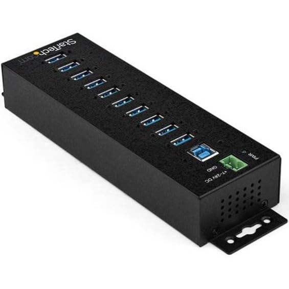 StarTech 10-Port Industrial USB 3.0 Hub 5Gbps, 65W PA, TAA (HB30A10AME) | Steel housing, ESD and surge protection, DIN/wall/desk mount, 65W power adapter included