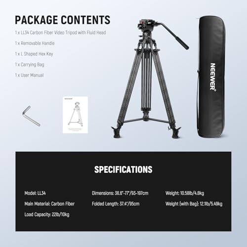 NEEWER LL34 78" Video Camera Tripod One Step Quick Release with Adjustable Damping Fluid Head, Heavy Duty Carbon Fiber Tripod with Dual Mode QR Plate, Max Load 22lb - style: LL34
