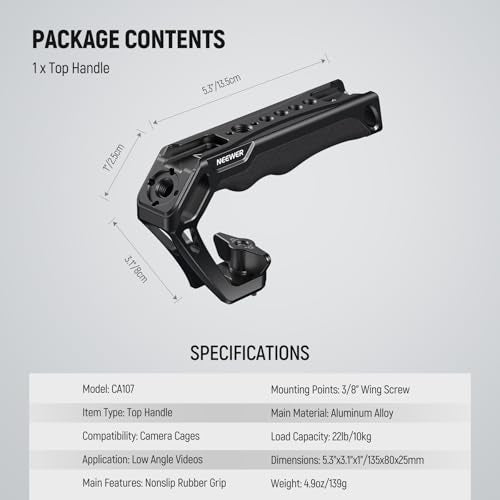 NEEWER Camera Top Handle with 3/8" Wing Screw & Locating Pins for ARRI, Nonslip Silicone Grip with 1/4" & 3/8" Threads, Cold Shoes, Compatible with SmallRig Camera Cage Accessories, CA107 - style: CA107