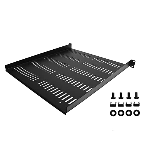 StarTech 1U Vented Rack Shelf, 19in, 55lb, 20in Deep (SHELF-1U-20-FIXED-V) | Universal vented cantilever tray for 19in network equipment rack and cabinet, 2.0mm cold-rolled steel, Airflow - size: 20", style: single