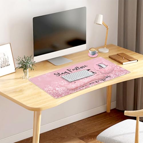 4-in-1 Gaming Mouse Pad Wrist Support Set,Desk Pad + Mouse Pad with Wrist Rest + Keyboard Wrist Rest + Coaster, Ergonomic Design for Home Office Study Game - Pink Stay Positive - color: 4 Pcs Pink Stay Positive