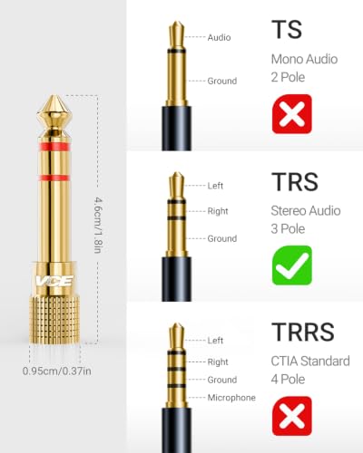 VCE 6.35mm Male to 3.5mm Female 1/4 inch to 1/8 inch 24K Stereo Audio Jack Adapter for Aux Cable, Guitar Amplifier, Headphone, 2 Pack,White and Red - color: White and Red