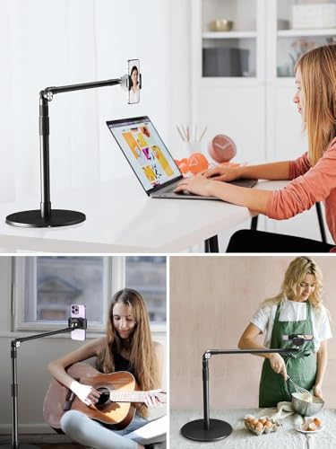 elitehood Heavy Duty Aluminum Overhead Phone Stand, 15 in Long Arm iPhone Holder for Video Recording, 360 Degrees Swivel Tilt Overhead Phone Mount for Filming, Meeting, Cooking, Painting and Crafting - style: Desk Stand