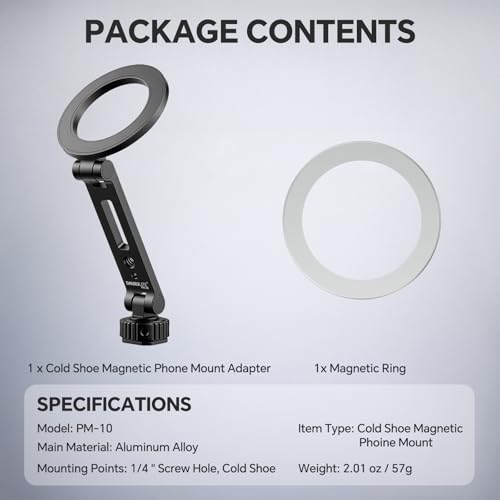 Magnetic Metal Phone Mount with Cold Shoe Mount, Adjustable Rotatable Phone Tripod Holder Adapter for iPhone 17/16/15, Camera Monitoring, Tripods, Stabilizers - PM-10