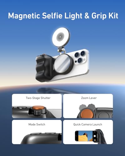 TELESIN Fun Shot Magnetic Phone Camera Grip+ C03 Magnetic Selfie Light Creator Kit Compatible with iPhone Magsafe & Android, Bundle Kit for Selfies/Photography/TikTok/Zoom Calls/Video (Black) - color: Black