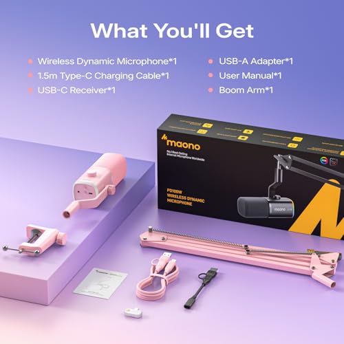 MAONO PD100W Wireless USB Dynamic Microphone, Gaming PC Mic with One-Click Noise Reduction,Mute Button,Custom RGB,3.5mm Headphone Jack,Software,Podcast Streaming Mic (Boom Arm(USB-C Receiver), Pink) - color: Pink