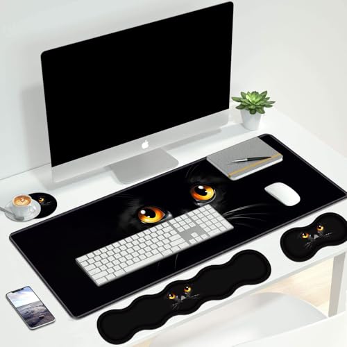 4 in 1 Ergonomic Keyboard Wrist Rest & Mouse Pad Wrist Rest Set, Large XXL Gaming Desk Mat 31.5"x 11.8" with Non-Slip Base, Memory Foam for Home Office Study Gaming, Black Cat Face - color: Black Cat Face