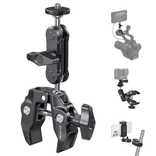 ATUMTEK Super Camera Clamp Mount with 1/4" and 3/8" Threads, Dual Ballhead Magic Arm 360° Ball Head Grip, Phone/Action Camera Mount Adapter for Canon Nikon DSLR Camera, GoPro/Insta360/INSTAX/DJI
