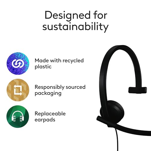 Logitech H570e USB Headset with Microphone for PC and Mac, USB-C Wired Headset with Mono Sound, Noise-Canceling Mics and Inline Controls, Certified for Microsoft Teams, Black - size: Teams, style: Mono