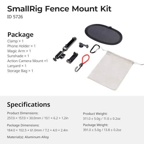 SMALLRIG Baseball Fence Mount for Game Changer, Phone & Action Camera Mount Kit with Phone Holder, Clamp, Magic Arm, Adapter Base, Sun Shade, Rope, Bag, for DJI, for GoPro, for Insta360-5726