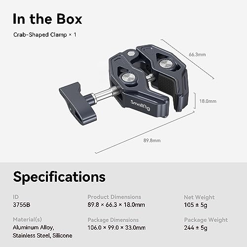 SMALLRIG Crab-Shaped Super Clamp, Camera Mount, 1/4"-20, 3/8"-16 Threaded Holes, 7.7lbs/3.5kg Payload, Compatible with Cameras, Monitors, LED Lights, etc. - size: Small