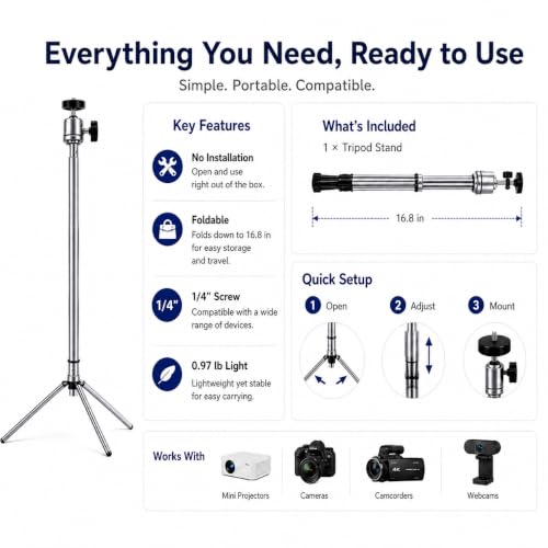 Projector Stand Tripod Adjustable Mount: Portable 360° Rotatable Universal Height 24" to 36" for Projectors Cameras Webcams Suitable for Home Office and Outdoor Scenarios