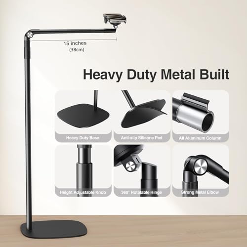 elitehood Floor Phone Stand Overhead Video Recording, 360 Degrees Swivel Tilt Adjustable iPhone Stand for Bed, Chair, Desk, Floor Phone Holder Compatible with iPhone 15, 14, 13, 12, Android Phone - style: Floor Stand