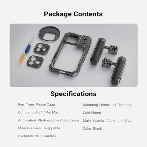 NEEWER Phone Cage Kit Compatible with iPhone 17 Pro Max Only, Video Rig Stabilizer Accessories with 67mm Filter Ring, 17mm Lens Backplate, T Mount Adapter, Two Quick Release Handles, PA144 (Black)
