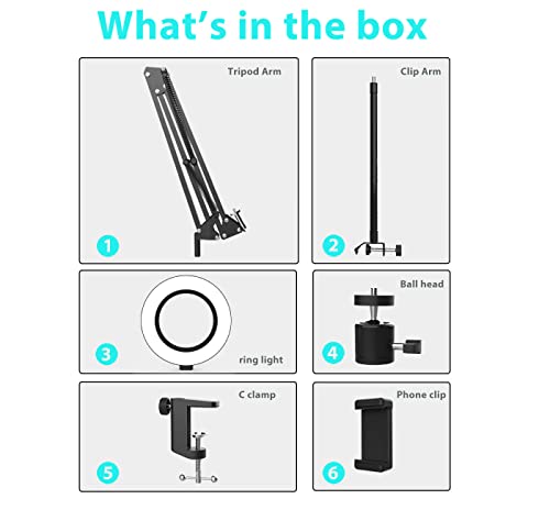 Overhead Camera Mount with Ring Light, Flexible Articulating Phone Arm Stand Compatible with iPhone, Logitech Webcam, Desk Tripod for YouTube Live Stream Cooking Nail Video Recording
