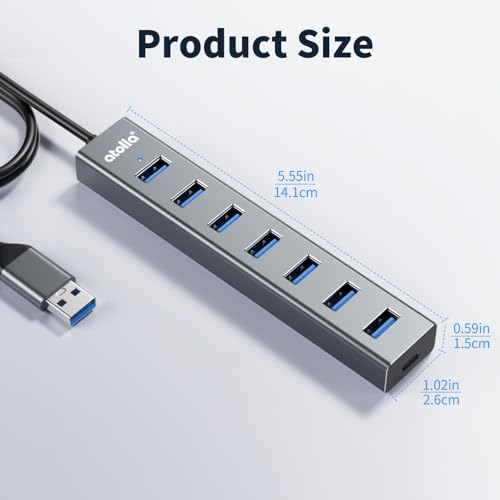atolla Aluminum 7-Port USB 3.0 Hub with 1m Extension Cable - 5Gbps High-Speed Data Transfer for MacBook Pro, Laptop, PC, Gaming Setup-Gray - color: Gray